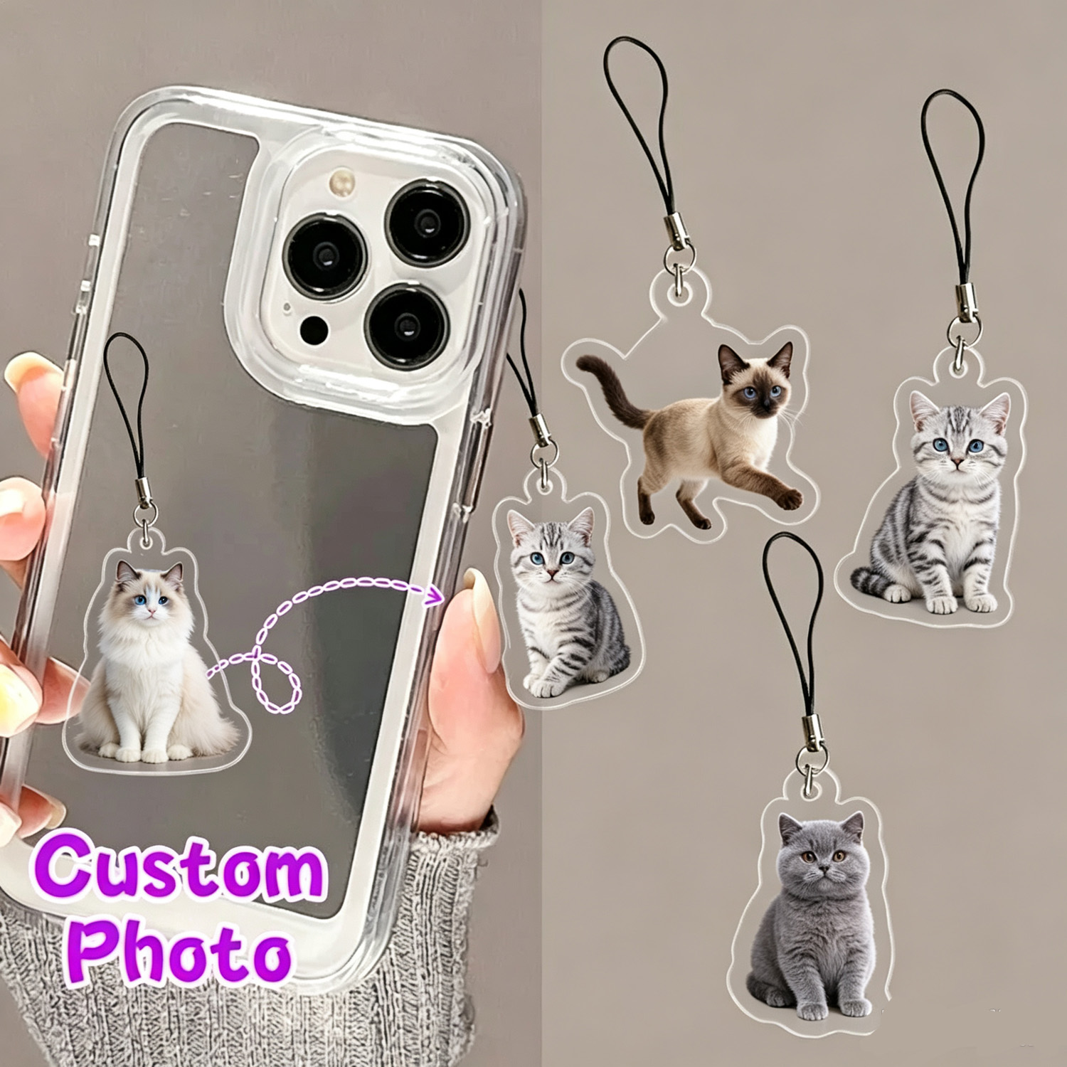 Pet Portrait Custom - จี้ห้อยโทรศัพท์รูปสัตว์เลี้ยงสั่งทำพิเศษ, จี้อะคริลิกรูปแมวสั่งทำตามภาพ, ที่ห้อยโทรศัพท์รูปภาพสั่งทำ, ของขวัญวันเกิดน่ารักสำหรับคนรักสัตว์เลี้ยง