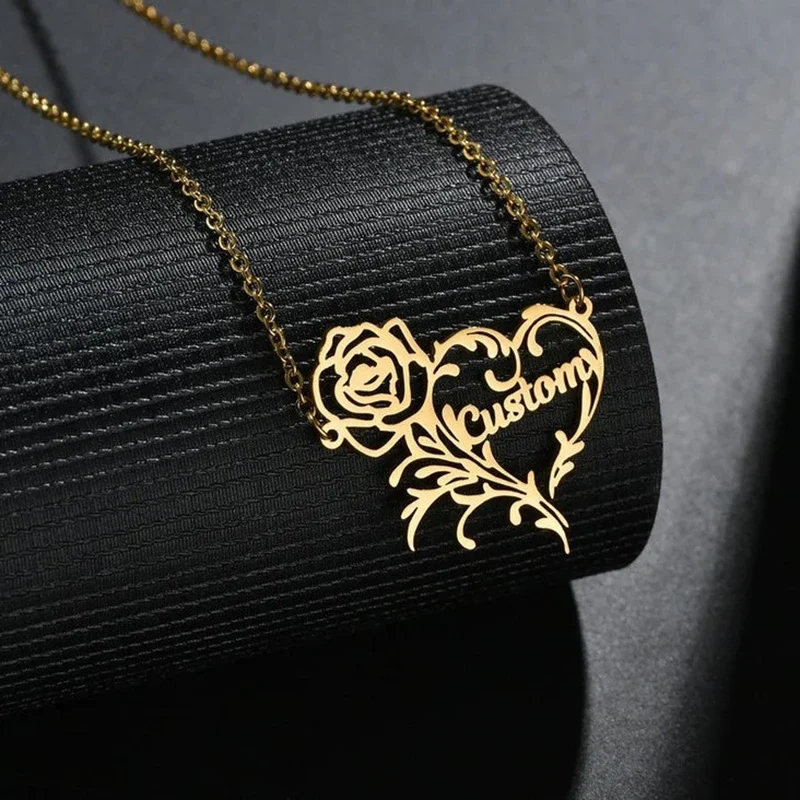 Birth Flower Necklace - สร้อยคอจี้รูปหัวใจดอกกุหลาบทำจากสเตนเลสสตีลสร้อยคอประดับจี้รูปดอกไม้สำหรับผู้หญิง kado pacar